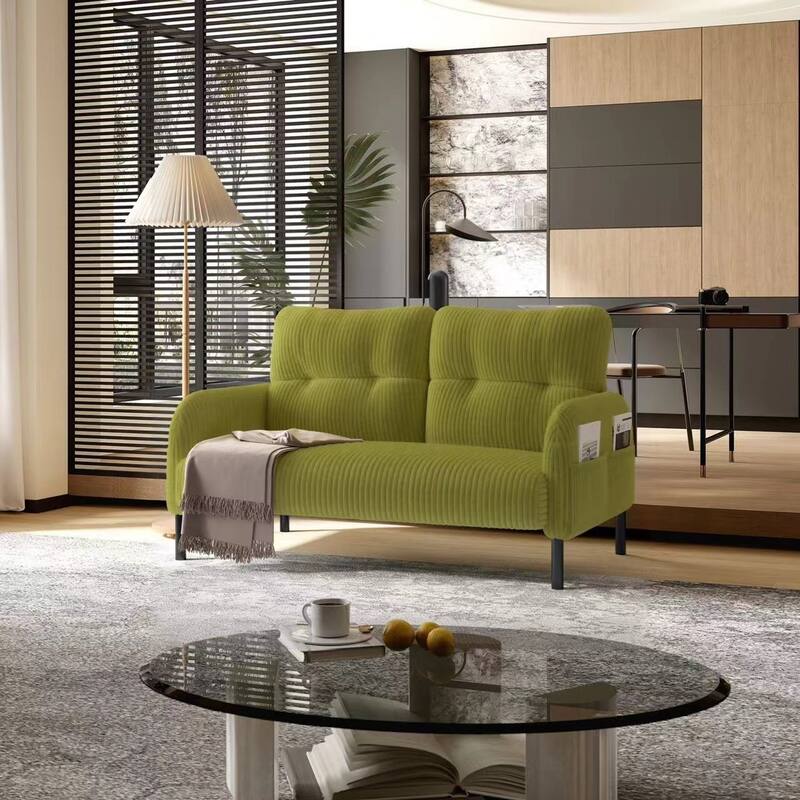 Small Corduroy Upholstered Loveseat Sofa, Lounge Sofa Chair with Double Side Pockets, High-Density Sponge 2 Seater Sofa