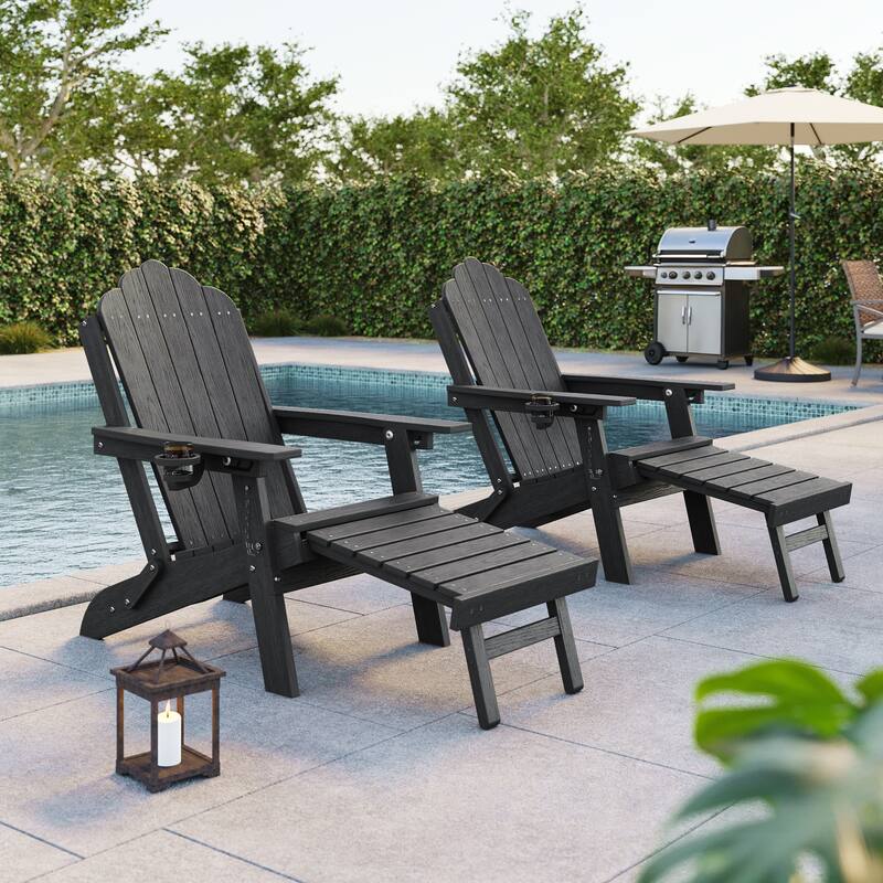 Folding HDPE Adirondack Chair with 3-Position Adjustable & Ottoman - Black - 2-Piece
