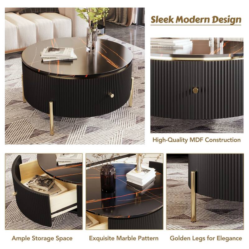 Modern Round Coffee Table with 2 large Drawers Storage Accent Table