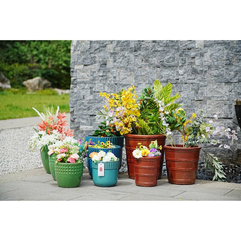 Antique Blue Ceramic Planter Set of 3 - 15 Inch Weatherproof Outdoor Garden Pots with Drainage - Antique Blue