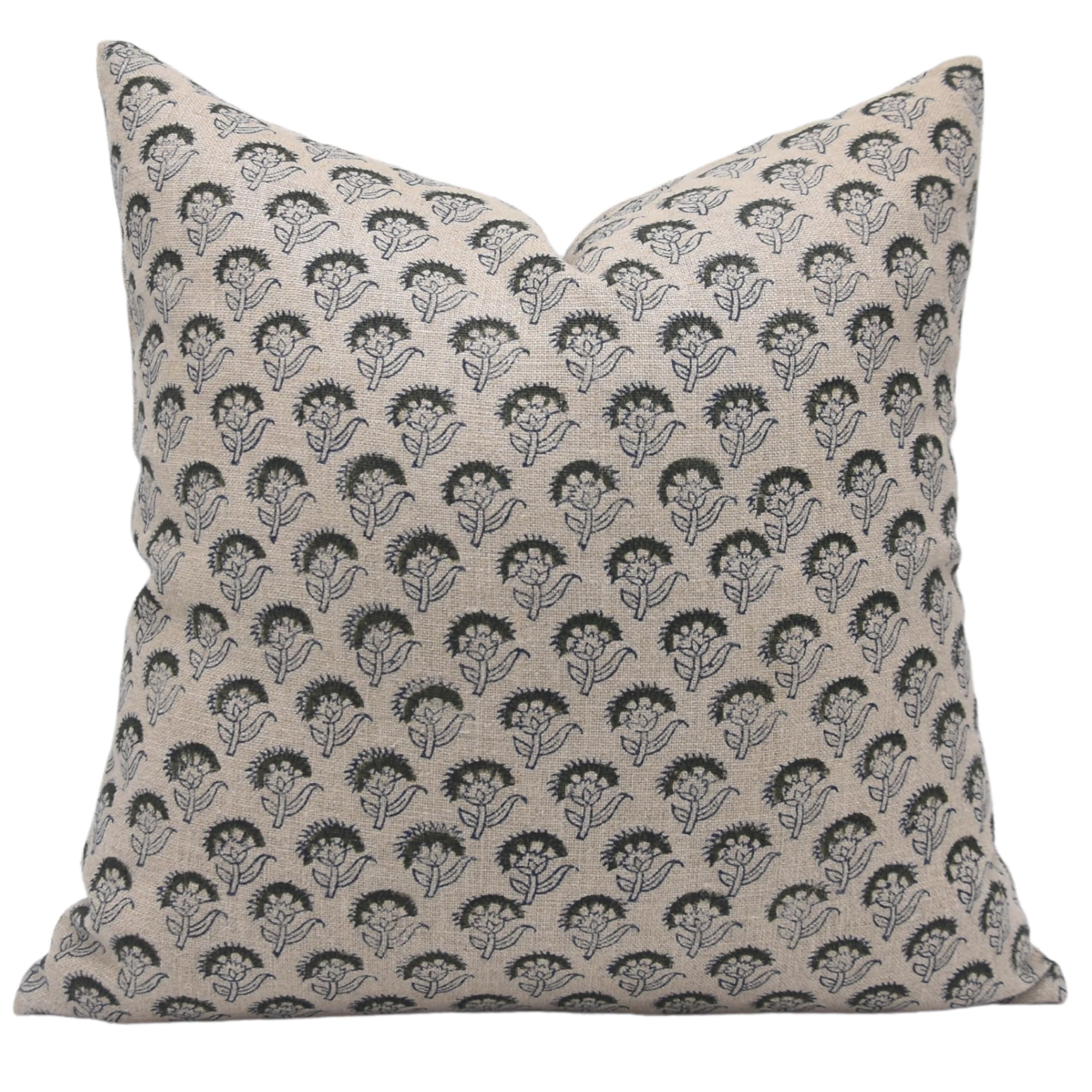 Fabdivine Boho Farmhouse Linen Pillow Cover Handmade Sofa Decor Block Print, Juju Flower