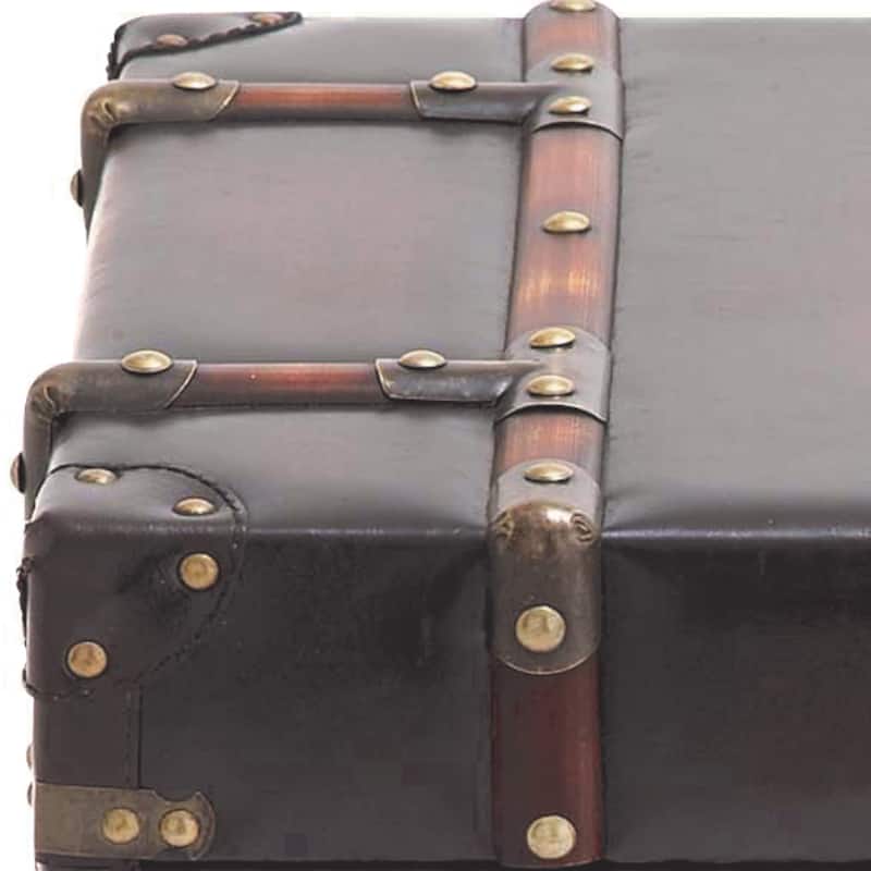 Faux Leather Vintage 2 Drawer Accent Table with Buckle Hinged Top - Dark Brown - Roche River Decor