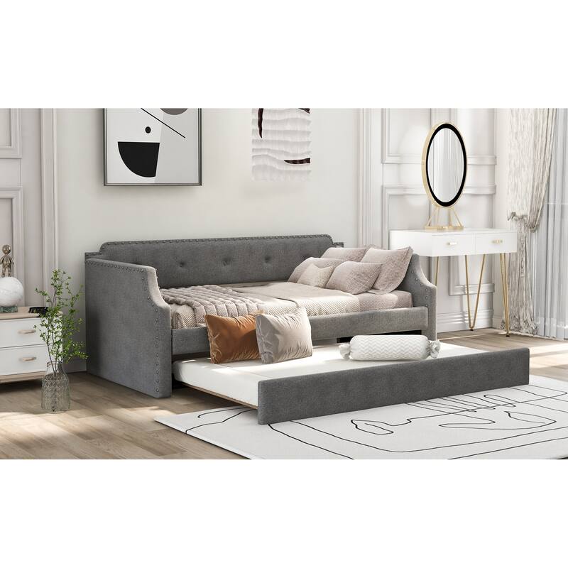 Twin Upholstered Daybed with Trundle and Nailhead Trim, Wood Slat Support