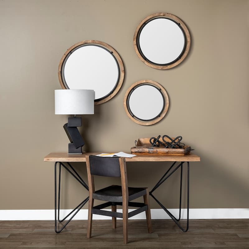 Josi Brown Solid Wood With Black Metal Frame Round Mirror - 28" x 28"