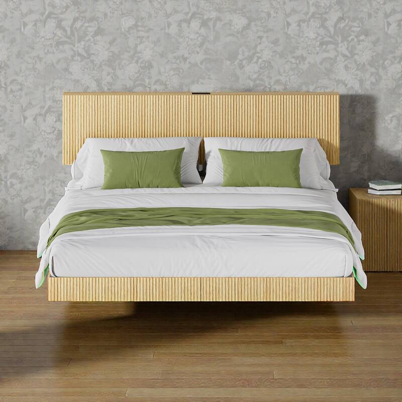 King Floating Bed Frame with LED Lights and Charging Station, Wavy Headboard, No Box Spring Needed