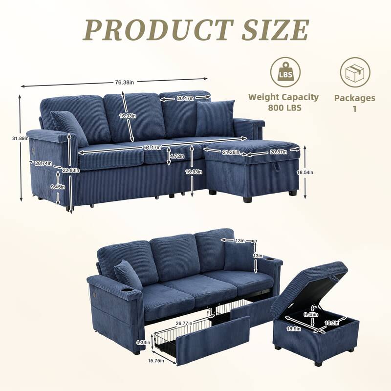 HOMEFUN Corduroy Upholstered L-shaped Pull-Out Storage Sectional Sofa with Storage Ottoman,USB Charging,Cup Holder
