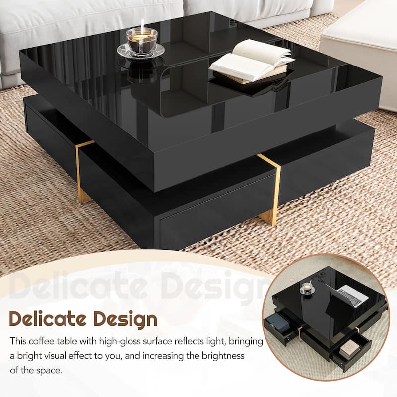 Modern High Gloss Square Coffee Table with 4 Drawers and Storage - 31.5" W × 31.5" D × 13.7" H