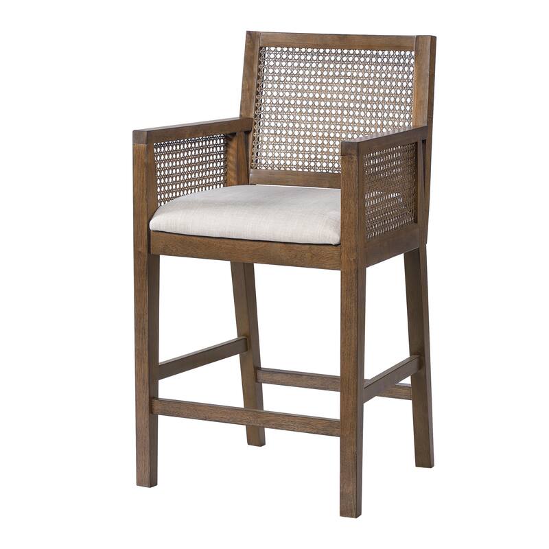 Christopher Knight Home - French Country Wood & Rattan Counter Stools with Upholstered Seat and Arms - Set of 2