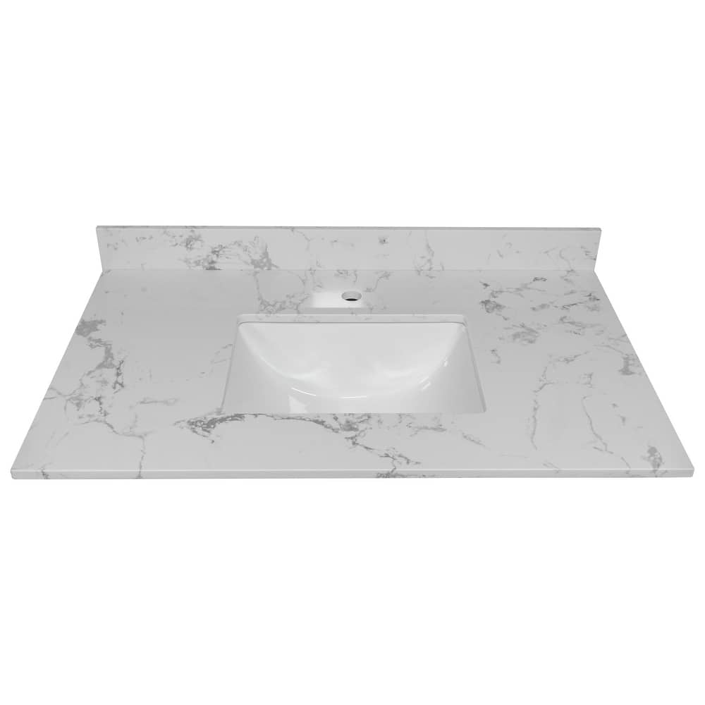 31 in./ 37 in./ 43 in. Carrara White Engineered Stone Bathroom Vanity Top with Ceramic Sink