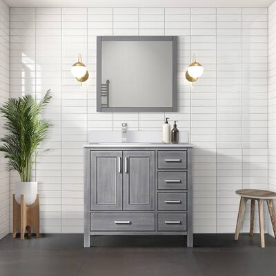 Jacques 36 in. W x 22 in. D Left Offset Distressed Grey Bath Vanity, White Quartz Top, and 34 in. Mirror