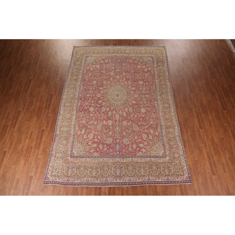 Mashad Persian Vintage Area Rug Handmade Floral Pink Wool Carpet - 9'2"x 13'5"