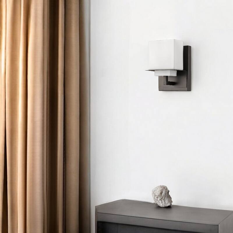 Modern Bronze Wall Sconce with White Glass Shade and Flush Mount Hardwired Light Fixture - 7" H x 5.25" W x 4.25" D