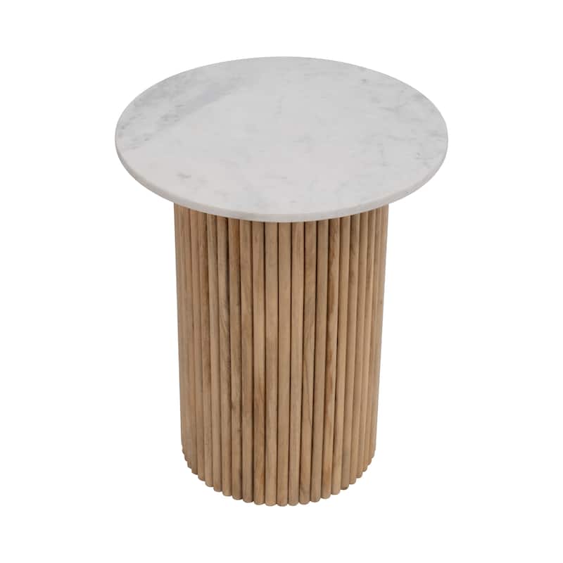 Sagebrook Home Mango Wood & Marble Accent Table with Reeded Base, MDF Support, and Contemporary Cylinder Design
