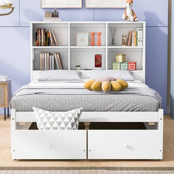 slide 2 of 15, Full Platform Bed Frame Bookcase Bed with 2 Drawers - White White - Full