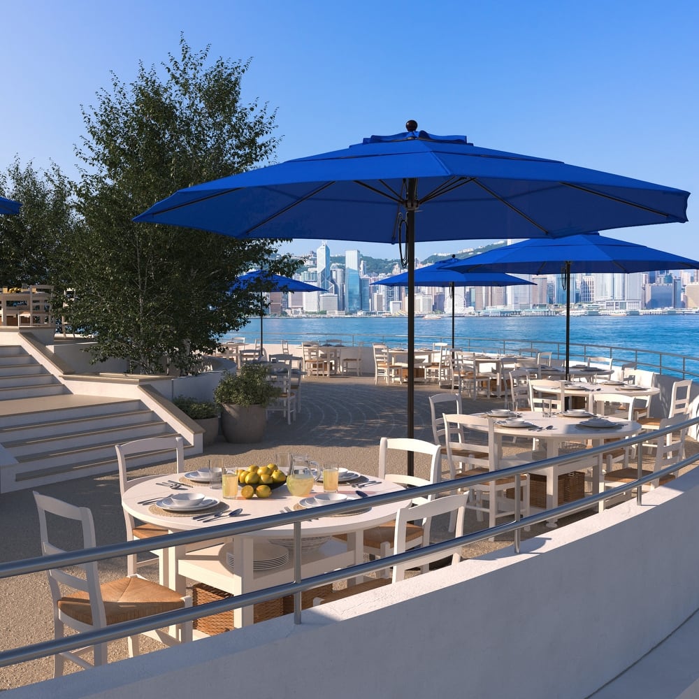California Umbrella 11' Venture Series Patio Umbrella, Bronze Aluminum Pole Fiberglass Ribs Pulley Lift, Olefin Royal Blue