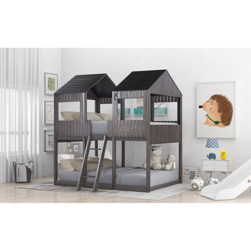 Full Over Full Wood Bunk Bed with Roof, Window, Guardrail, and Ladder in Antique Gray