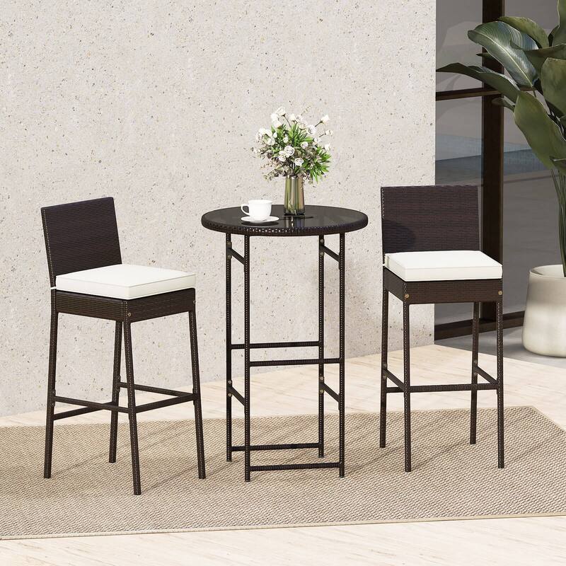 Costway 3 Piece Outdoor Bar Set Patio Rattan Bar Height Table & Chairs - See Details - Mix Brown+Off White