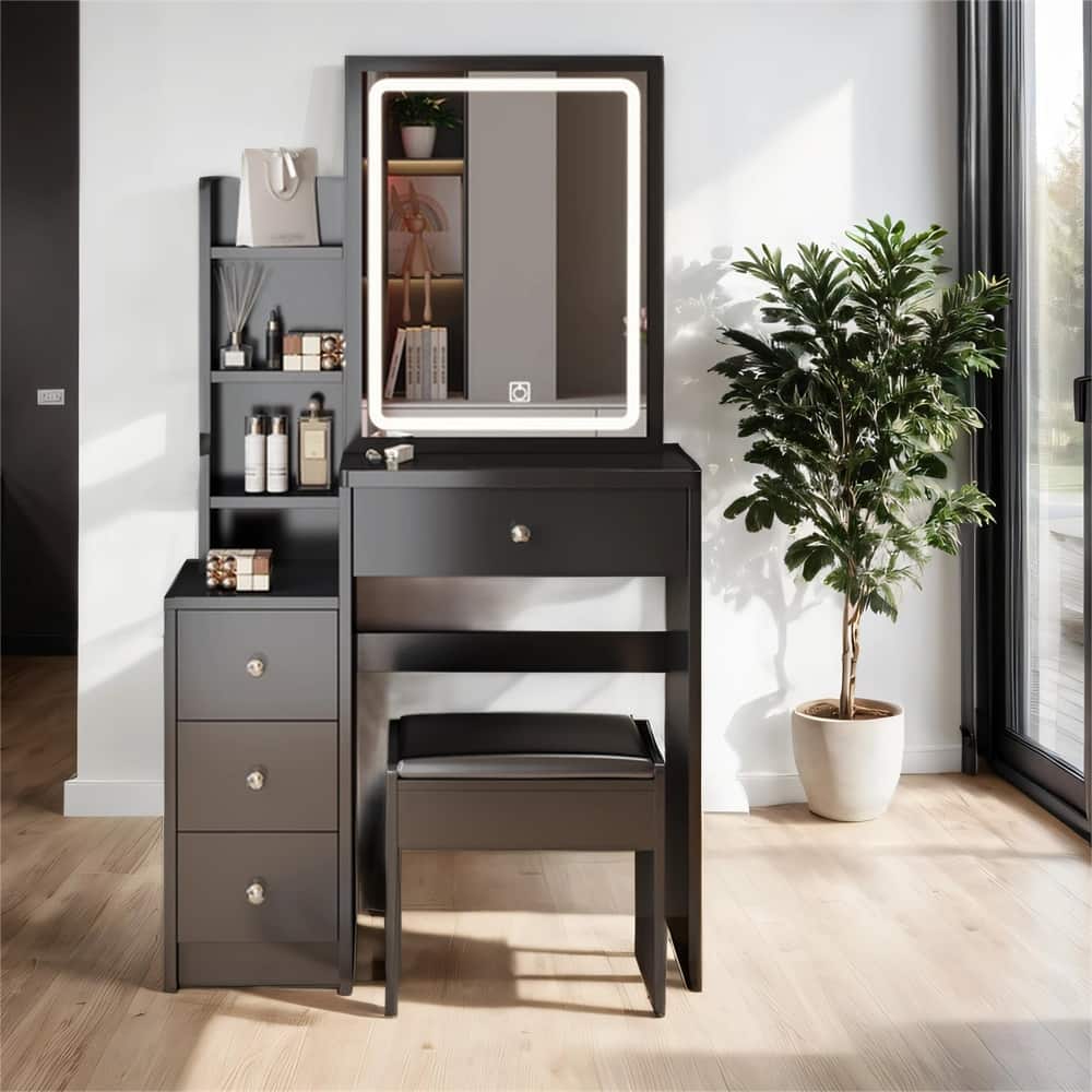 Vanity Table with Cushioned Stool,Adjustable Touch Control LED Mirror
