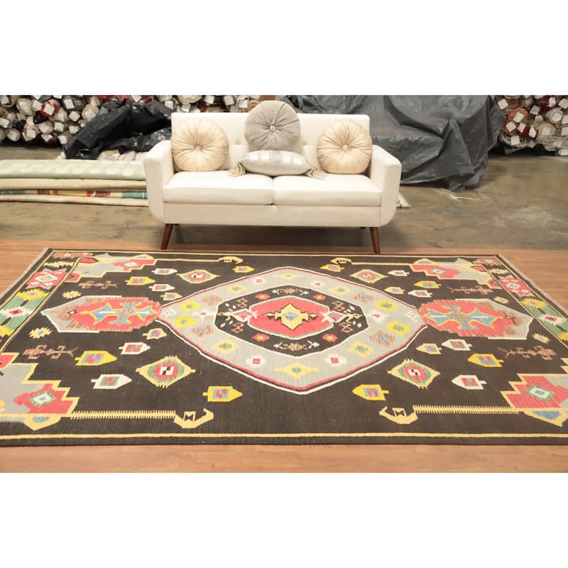 Hand Woven Oriental 100% Wool Carpet Southwestern Tribal Multi-Colored Kilim Area Rug - 9' 9'' X 7' 0''