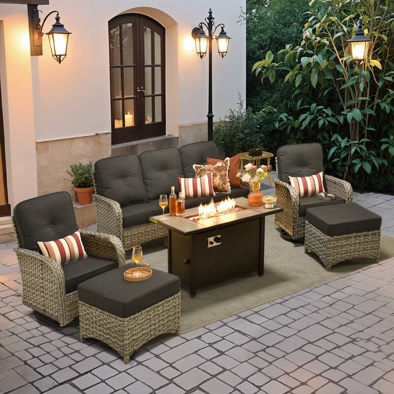 OVIOS 7-piece Patio Wicker Conversation Furniture Set With Fire Pit
