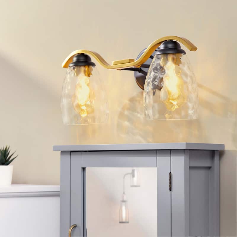 Teamson Home Heidi Dimmable 2-Light Bathroom Vanity Light, Black/Brass - 18.6"L x 7"W x 8"H