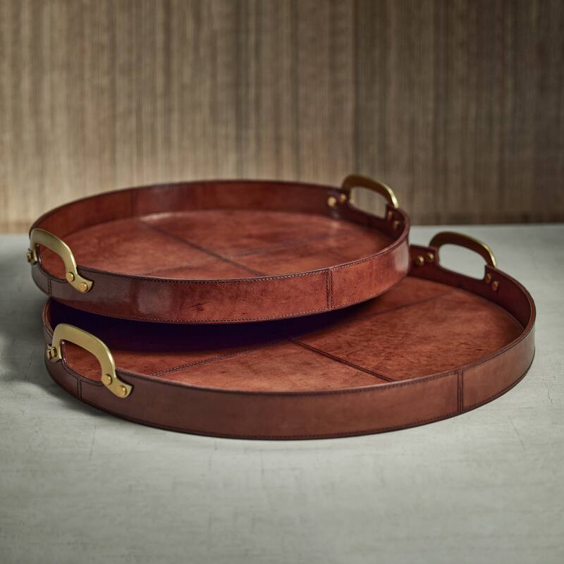 Harlow Leather with Brass Handles Round Tray