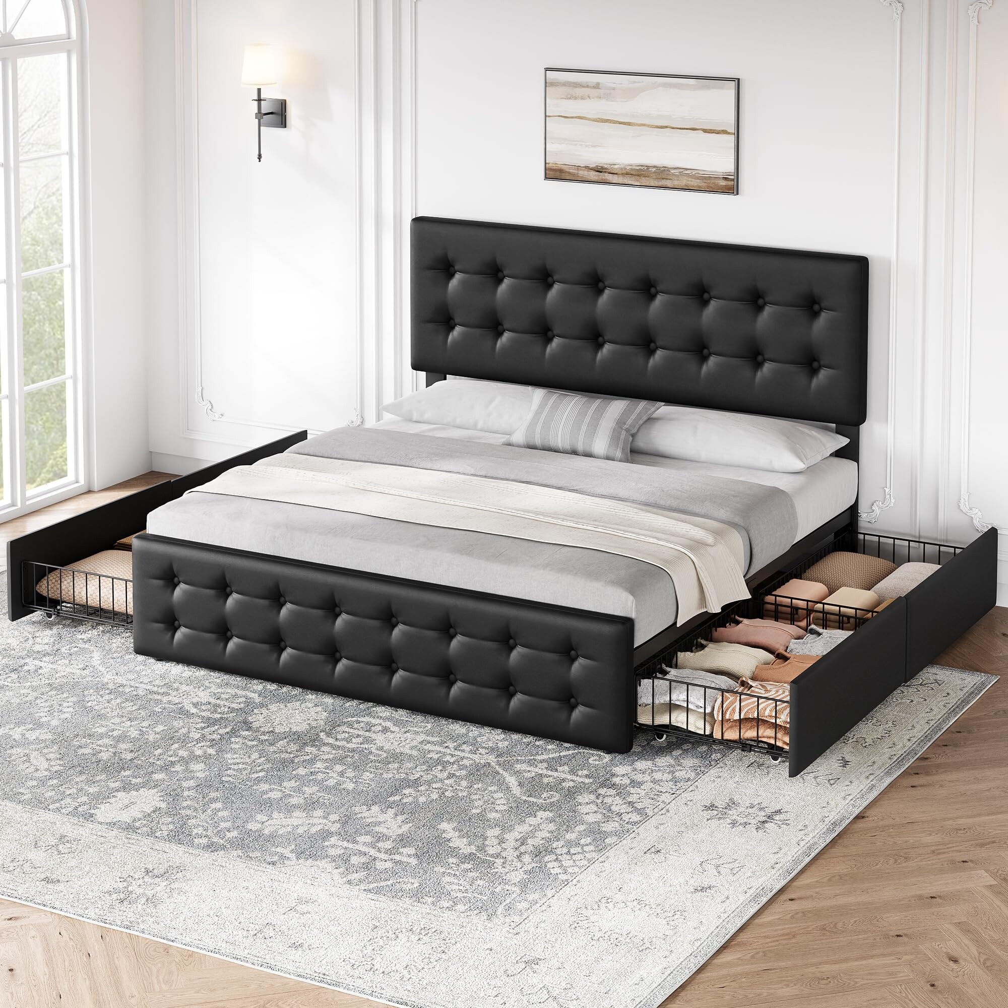 Walsunny Bed Frame with Led Light and 2 Drawers Metal