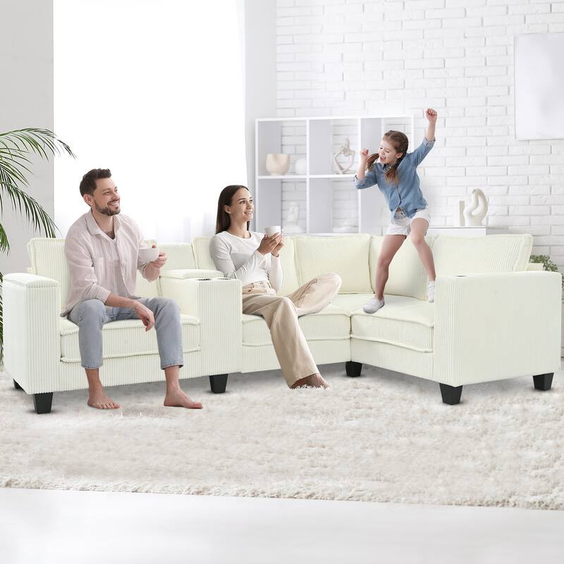 105" L-Shaped Corduroy Sectional Sofa with Storage Armrests and Console, 4-Seater Convertible Couch with USB charging