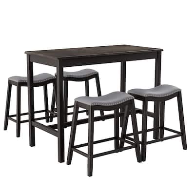 Gymax 5PCS Bar Table Set Counter Height Table & Upholstered Saddle