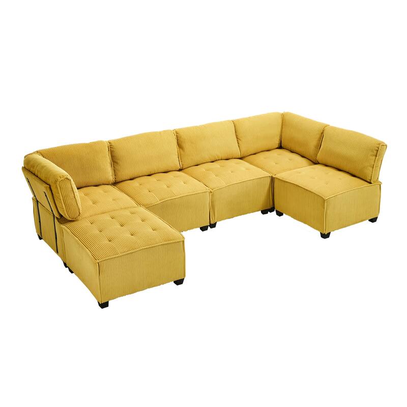 121.26" Corduroy Modular Sectional Sofa 6- Seat U Shaped Couch with Reversible Chaise and Ottoman