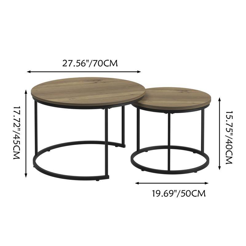 Round Nesting Coffee Table Set of 2 with Marble Pattern Top & Metal Frame