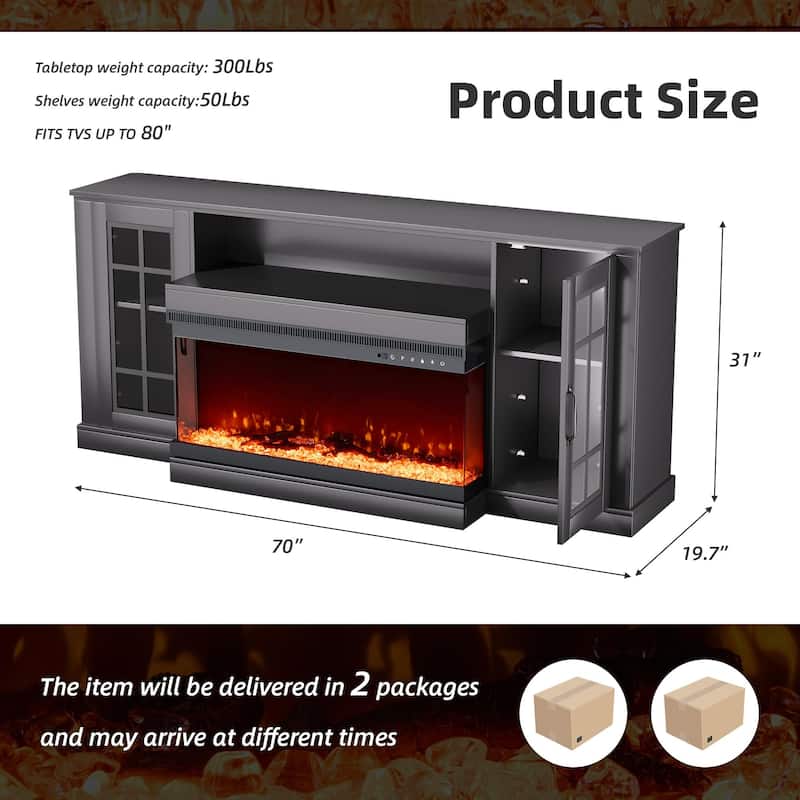 70" Fireplace TV Stand with 3-Sided Glass, ETL Certified, 12 Flame Colors, Realistic Ember Bed, Accommodates TVs up to 80"