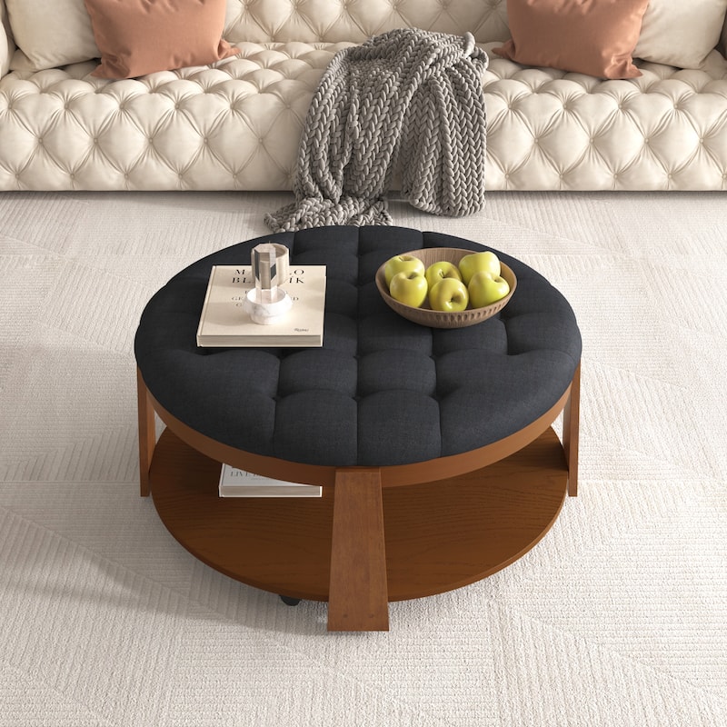 Large Round Ottoman Coffee Table with 2-Tier Storage, Button Tufted and Wheels