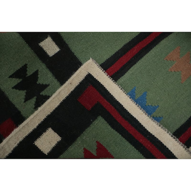 Hand Woven Oriental 100% Wool Carpet Southwestern Tribal Green Kilim Area Rug - 9' 8'' X 5' 1''