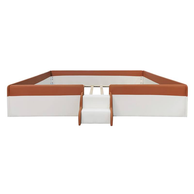 King Size Upholstered Daybed Frame with Fence and Stairs,(BROWN+WHITE)