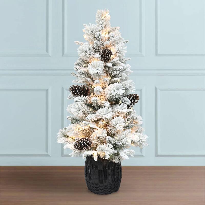 4.5' Potted Flocked Pine Slim Artificial Christmas Tree, Clear Lights - 4.5 Foot
