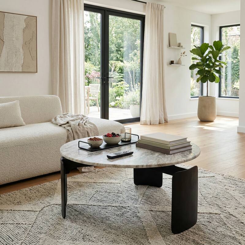 Marble Round Top 3-Footed Coffee Table - Gray, 13" - 30.0"