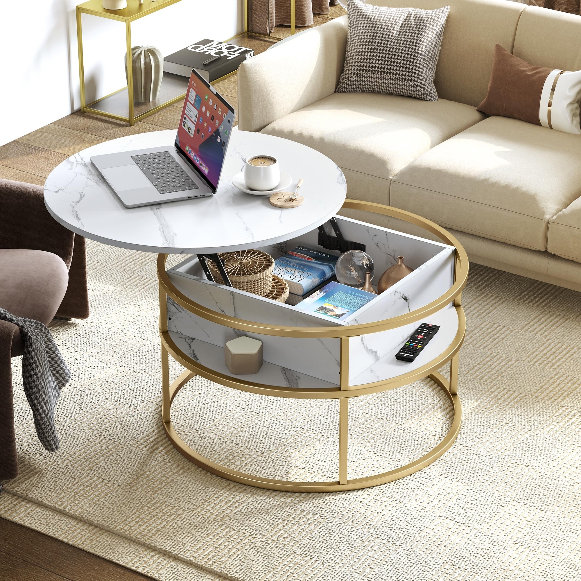 Lift top store coffee table gold