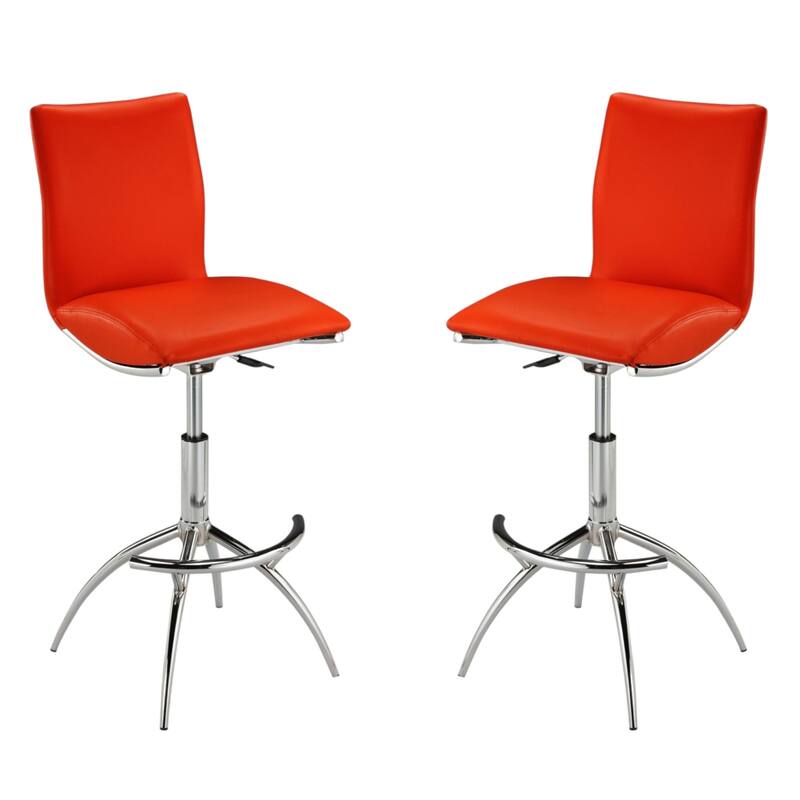 Set of 2 Contemporary Bar Stools with Faux Leather Saddle Seats and Adjustable Metal Base - 39”H x 17”W x 15”D