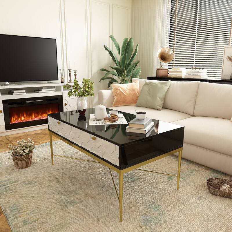 Modern Coffee Table Storage Table with X-Shaped Metal Leg, Center Table End Table with 2 Hidden Drawers