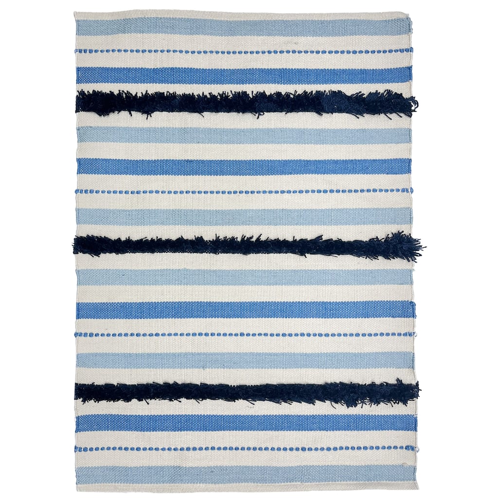 3.75' x 2.25' Blue Cream and Black Striped Outdoor Handloom Woven Throw Rug - 3.75' x 2.25'
