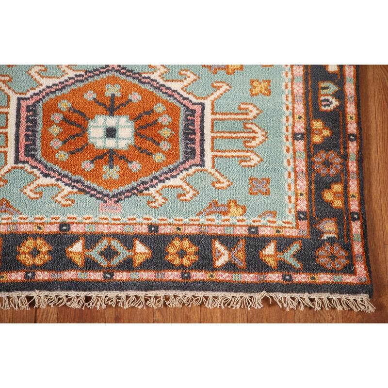 Turquoise / Green Kazak Oriental Foyer Rug Handmade Wool Carpet - 3'1" x 5'0"