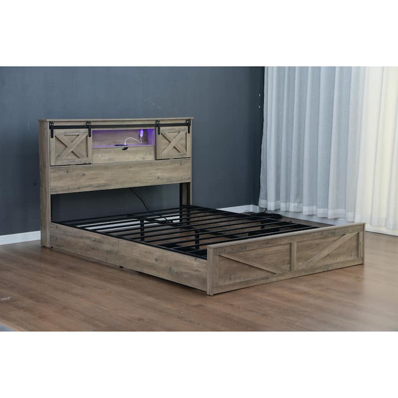 Queen Size Platform Bed with LED Headboard And Charging Station , Barn Door Design, App-Controlled RGB Lights