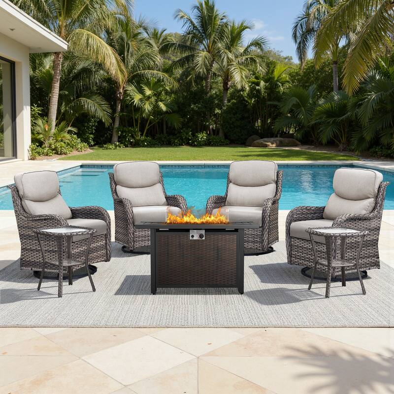Meyreso 7-Piece Outdoor Patio Wicker Fire Pit 4 person Conversation Set with 5-Inch Thick Cushions