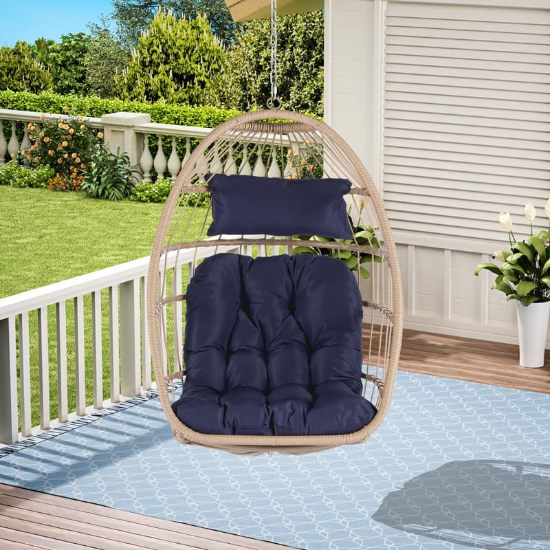Egg Chair Outdoor Without Stand Indoor,Wicker Rattan Hammock Egg Porch Swing with Cushions for Bedroom Patio Balcony - Natural+Dark Blue