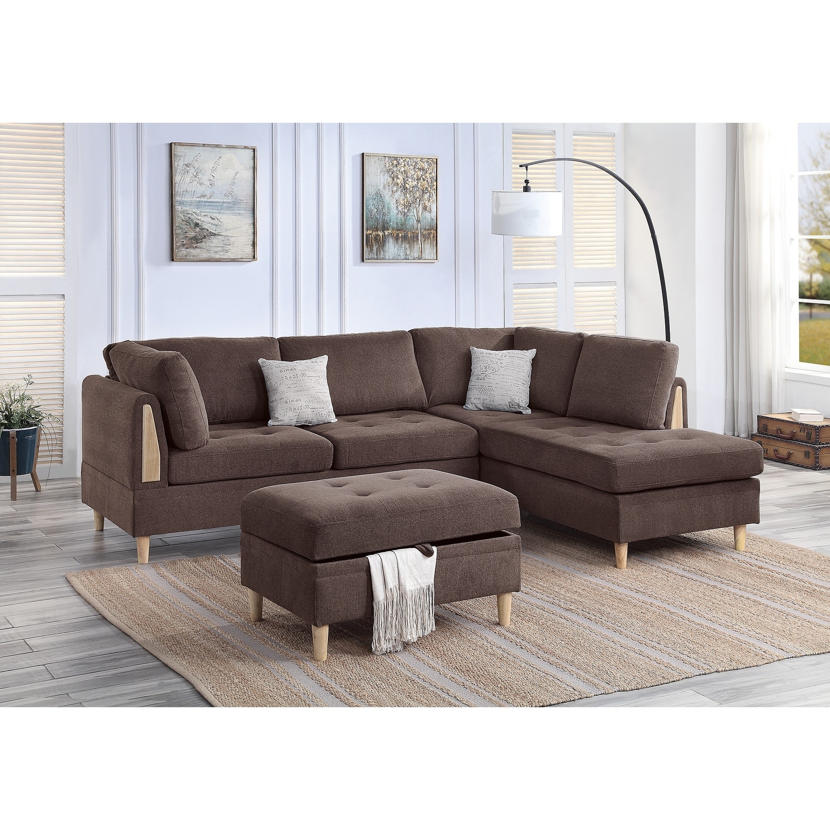 L-Sectional Sofa Corduroy Fog Color LAF And RAF Loveseats Corner Wedge Ottoman 4pcs Sectional Set Couch Living Room Furniture