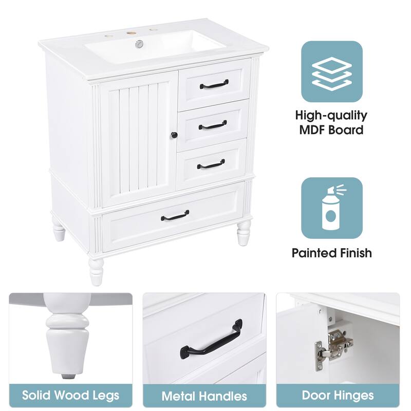 30" Bathroom Vanity with Sink, Bathroom Cabinet with A Door, Three Drawers, Solid Wood Legs & MDF Board, Adiustable Foot Pads