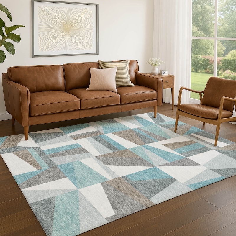 Machine Washable Indoor/ Outdoor Contemporry Mosaic Chantille Rug