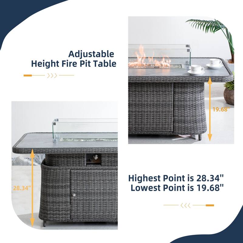 7-Piece PE Wicker Patio Fire Pit Sofa Set with Adjustable Propane Fire Table and Storage Side Tables
