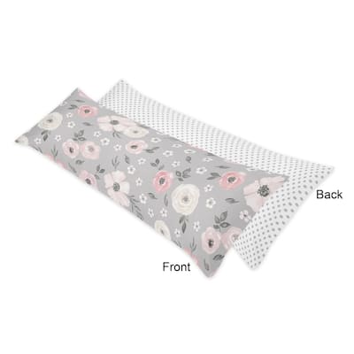 Grey Watercolor Floral Body Pillow Case (Pillow Not Included) - Blush Pink Gray Shabby Chic Rose Flower Polka Dot Farmhouse